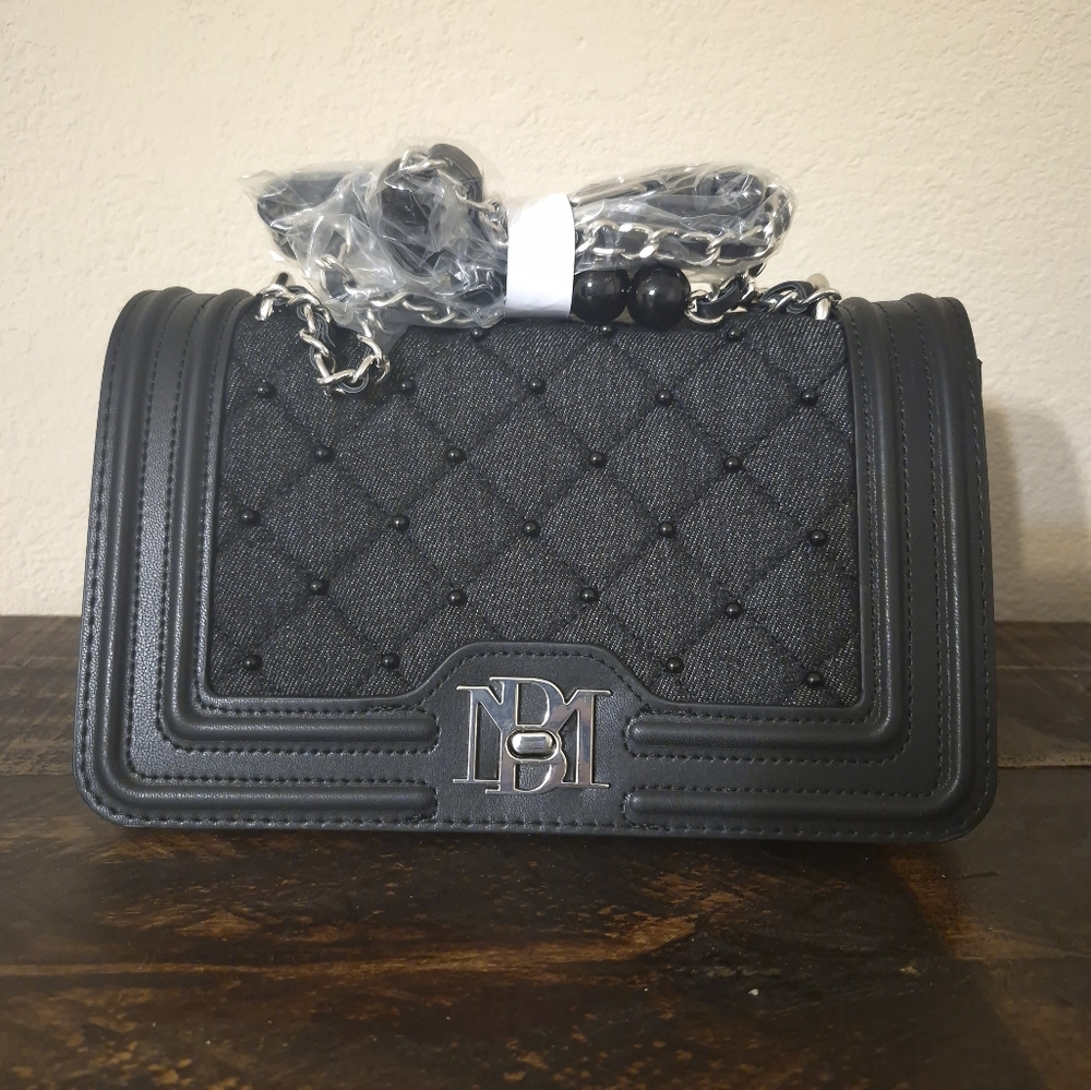 Badgley Mischka Denim Quilted Crossbody W/matching Pearl Strap